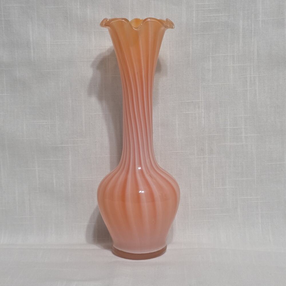 Vintage Peach Satin Glass Vase Swirl Optic Ribbed Ruffled Rim 8” Art Glass